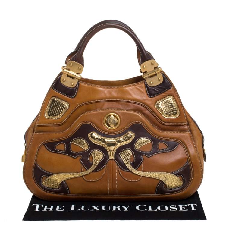 Pre Owned Alexander McQueen Paisley Leather and Snakeskin Hinge Turn Lock Satchel