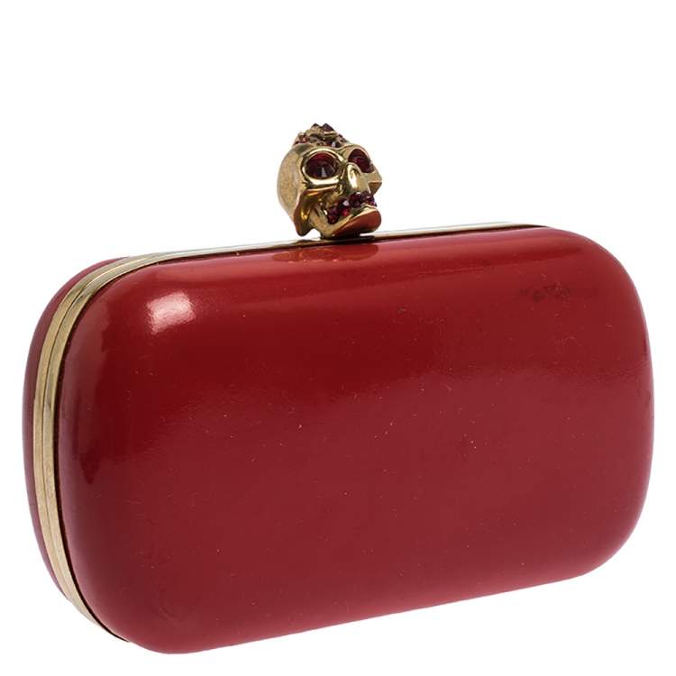 Pre Owned Alexander McQueen Red Patent Leather Skull Box Clutch