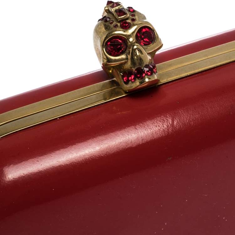 Pre Owned Alexander McQueen Red Patent Leather Skull Box Clutch