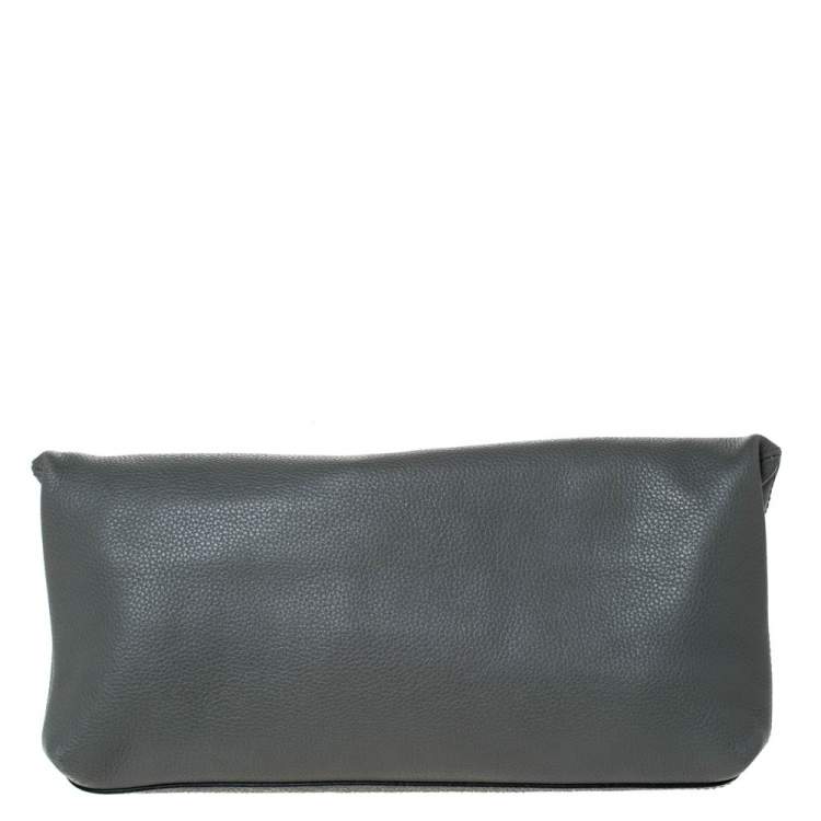 Pre Owned Alexander McQueen Grey Leather Skull Padlock Fold-Over Clutch