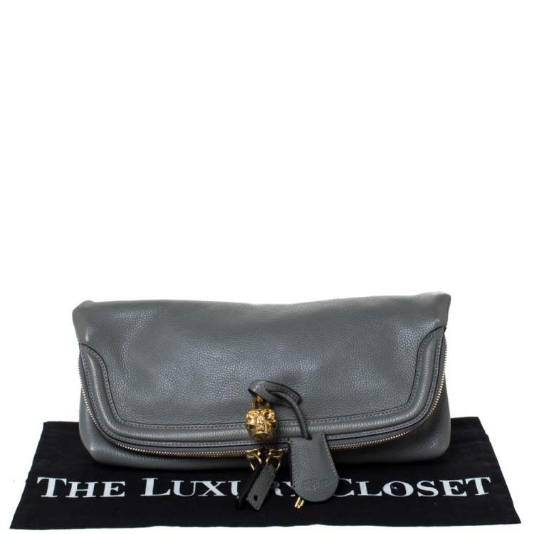 Pre Owned Alexander McQueen Grey Leather Skull Padlock Fold-Over Clutch