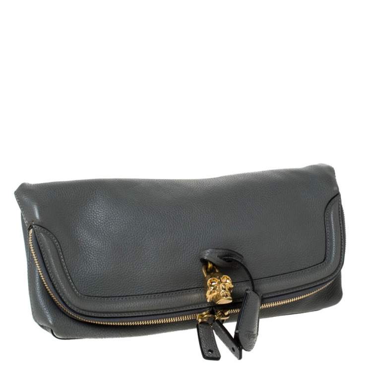 Pre Owned Alexander McQueen Grey Leather Skull Padlock Fold-Over Clutch