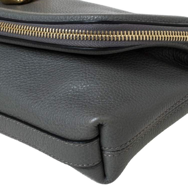 Pre Owned Alexander McQueen Grey Leather Skull Padlock Fold-Over Clutch