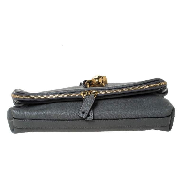 Pre Owned Alexander McQueen Grey Leather Skull Padlock Fold-Over Clutch