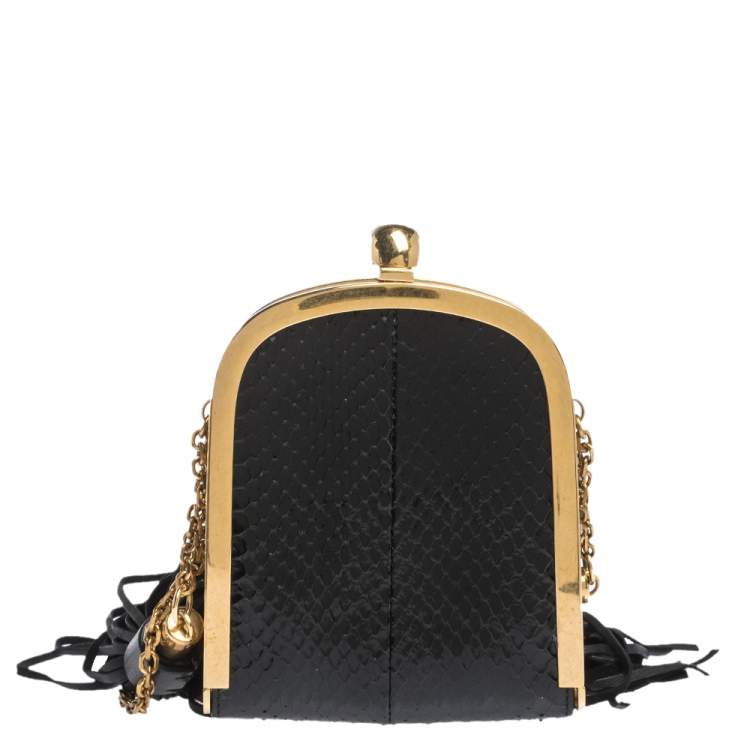 Pre Owned Alexander McQueen Black Snakeskin Skull Tassel Chain Clutch