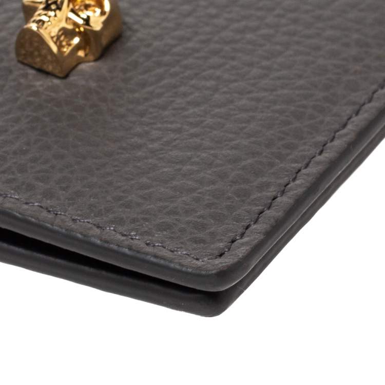 Pre Owned Alexander McQueen Grey Leather Skull Bifold Card Holder 