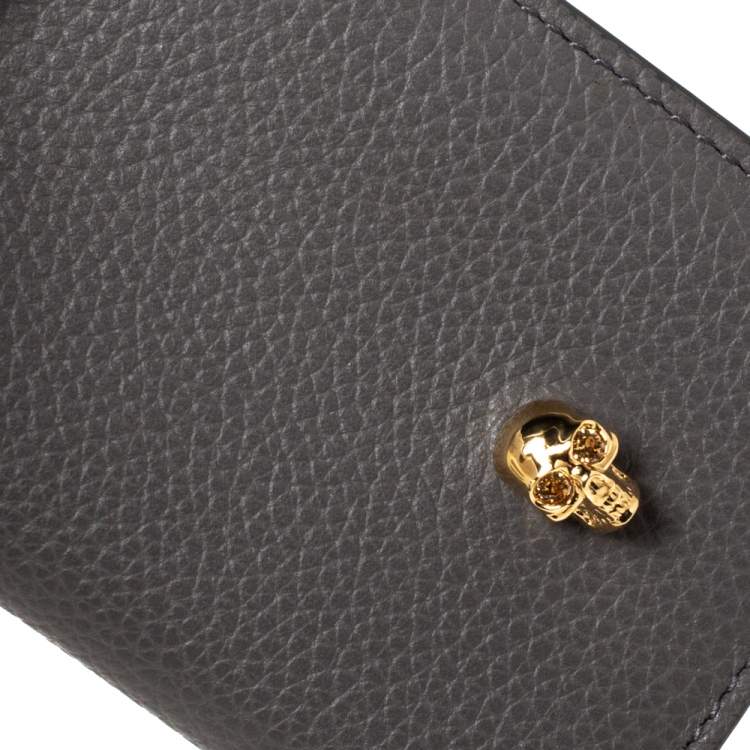 Pre Owned Alexander McQueen Grey Leather Skull Bifold Card Holder 