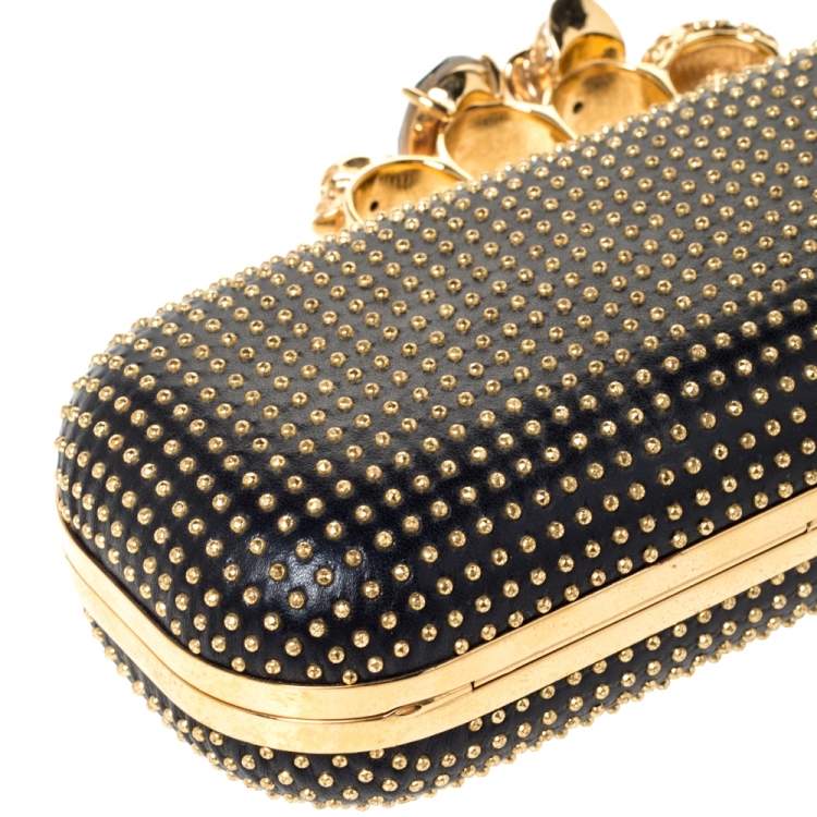 Pre Owned Alexander McQueen Black Leather Studded Skull Knuckle Clutch