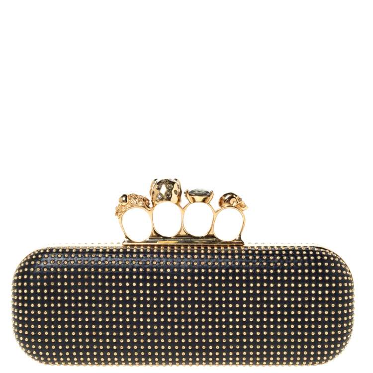 Pre Owned Alexander McQueen Black Leather Studded Skull Knuckle Clutch