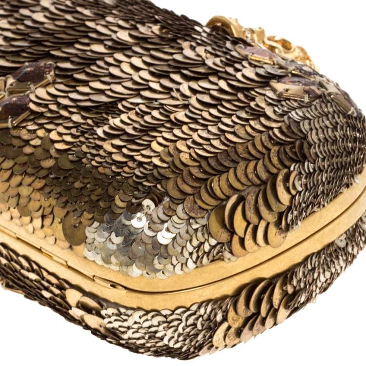 Pre Owned Alexander McQueen Gold Sequins Jaw Skull Clutch