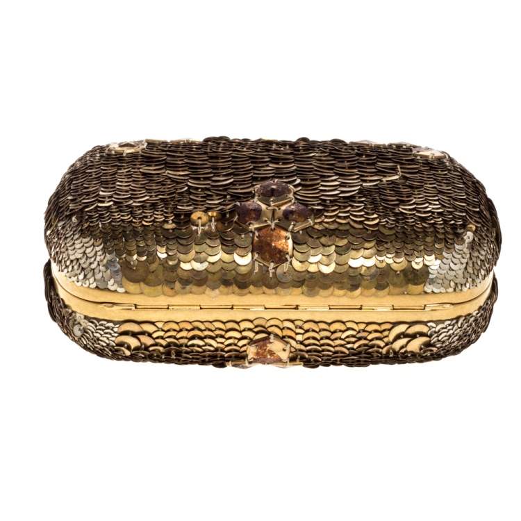 Pre Owned Alexander McQueen Gold Sequins Jaw Skull Clutch