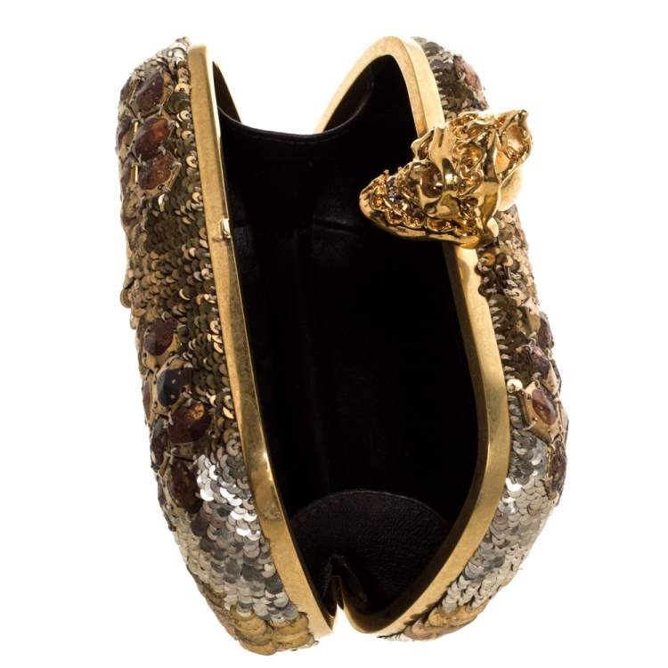 Pre Owned Alexander McQueen Gold Sequins Jaw Skull Clutch