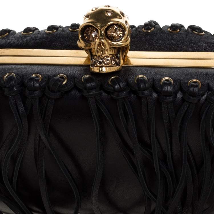 Pre Owned Alexander McQueen Black Leather Fringe Skull Box Clutch