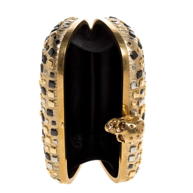 Pre Owned Alexander McQueen Metallic Gold Leather Studded Skull Box Clutch