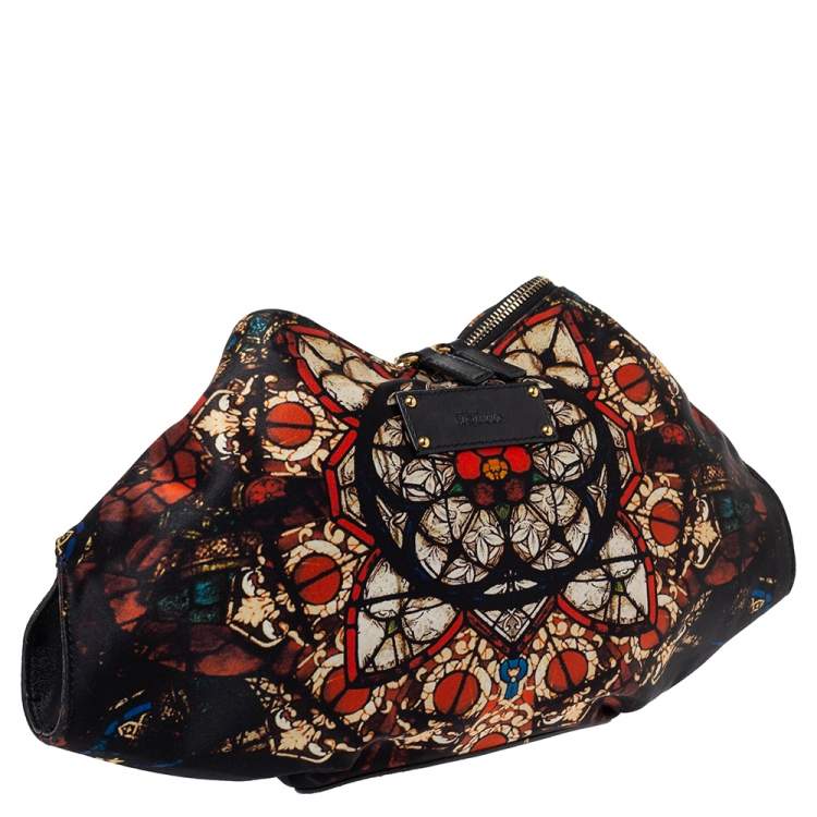 Pre Owned Alexander McQueen Multicolor Printed Satin and Leather Medium De Manta Clutch