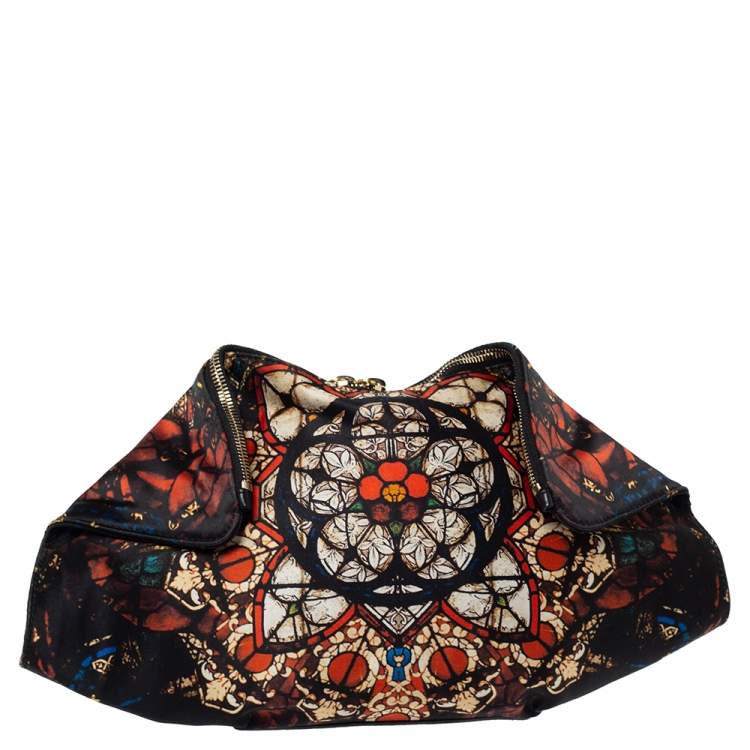 Pre Owned Alexander McQueen Multicolor Printed Satin and Leather Medium De Manta Clutch