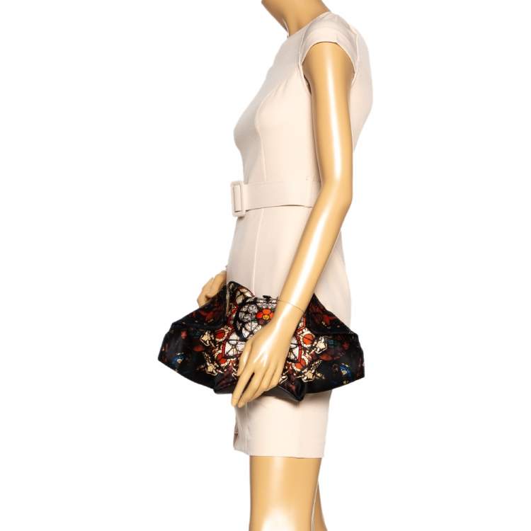 Pre Owned Alexander McQueen Multicolor Printed Satin and Leather Medium De Manta Clutch
