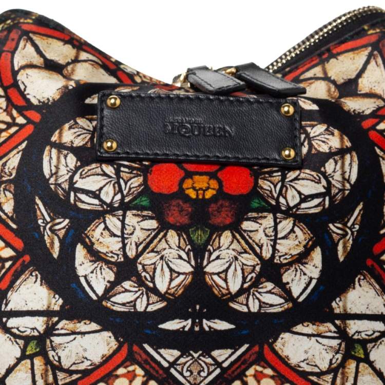 Pre Owned Alexander McQueen Multicolor Printed Satin and Leather Medium De Manta Clutch