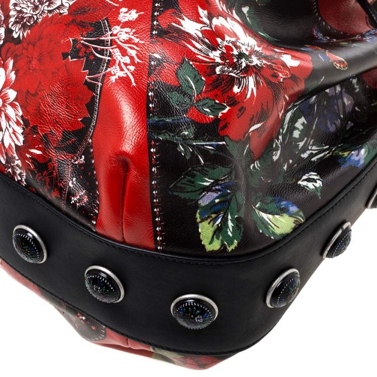 Pre Owned Alexander McQueen Multicolor Floral Print Leather Drawstring Bucket Bag