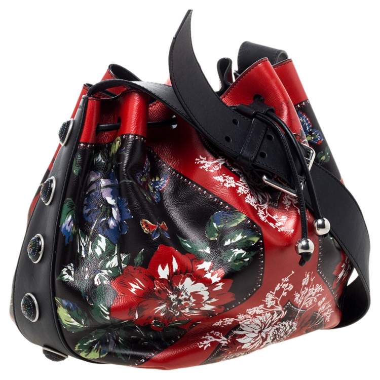 Pre Owned Alexander McQueen Multicolor Floral Print Leather Drawstring Bucket Bag