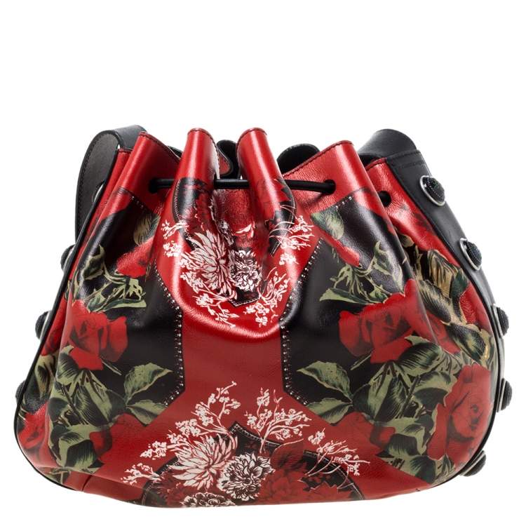 Pre Owned Alexander McQueen Multicolor Floral Print Leather Drawstring Bucket Bag