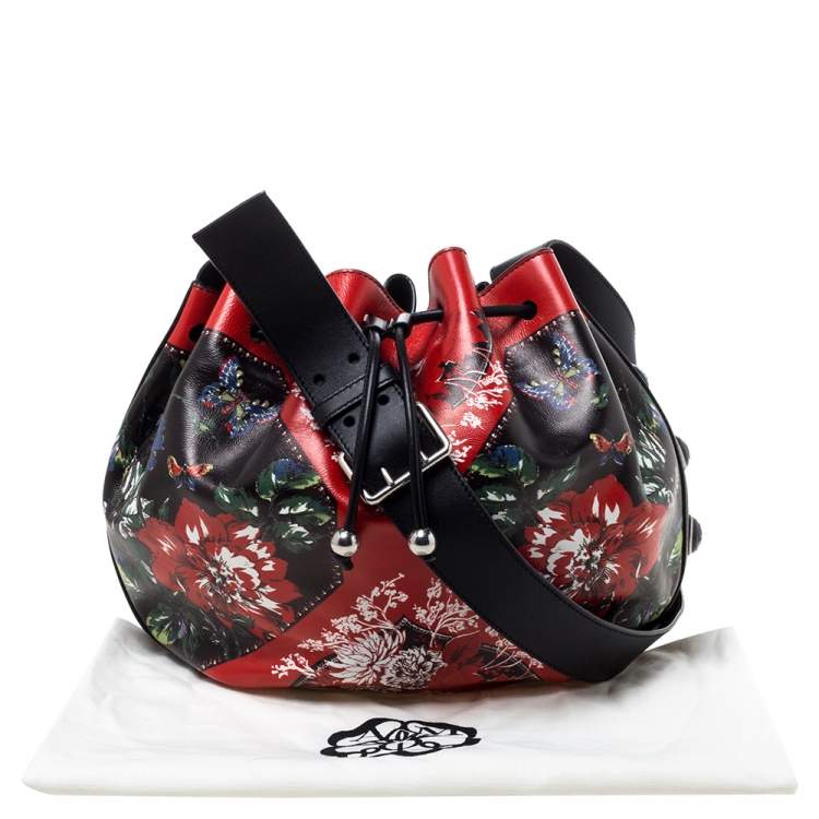 Pre Owned Alexander McQueen Multicolor Floral Print Leather Drawstring Bucket Bag