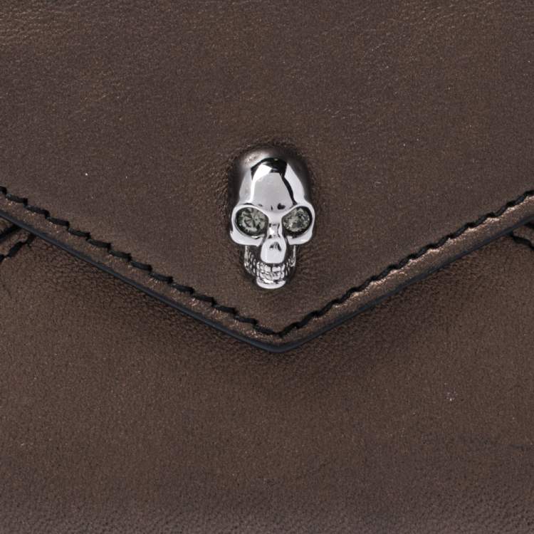 Pre Owned Alexander McQueen Metallic Brown Leather Skull Card Holder