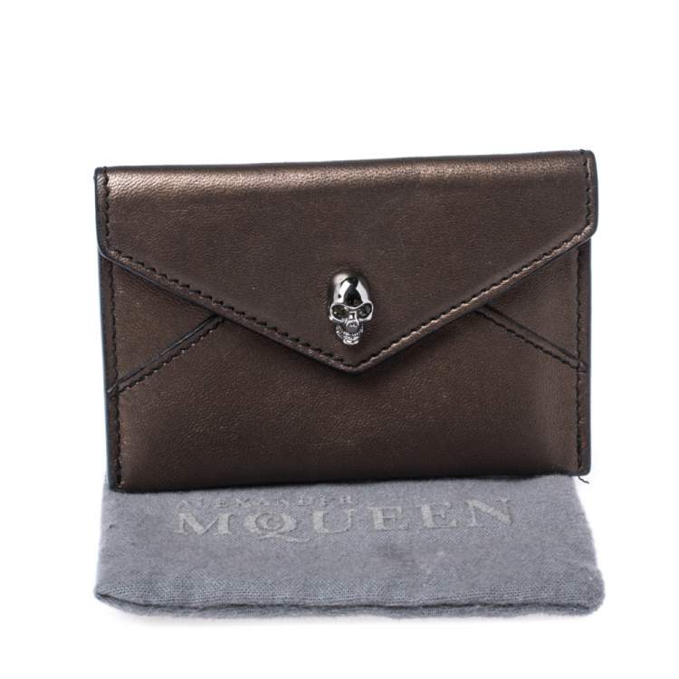 Pre Owned Alexander McQueen Metallic Brown Leather Skull Card Holder