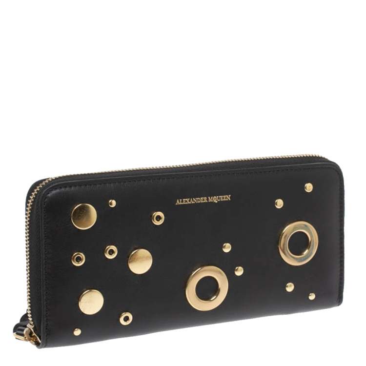 Pre Owned Alexander McQueen Black Leather Eyelet Zip Around Wallet