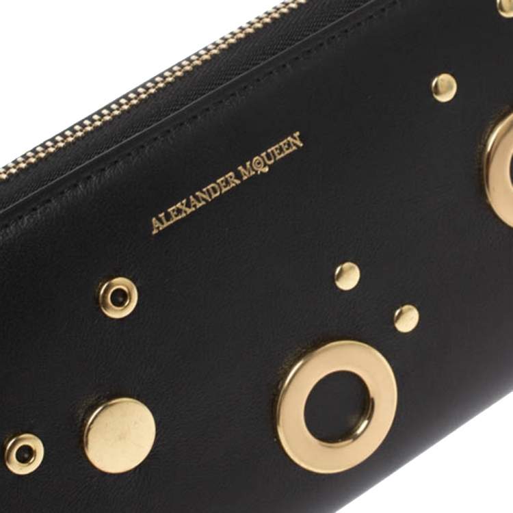 Pre Owned Alexander McQueen Black Leather Eyelet Zip Around Wallet