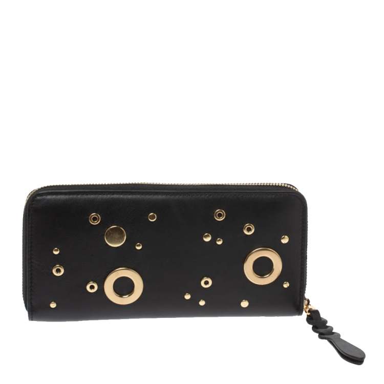Pre Owned Alexander McQueen Black Leather Eyelet Zip Around Wallet