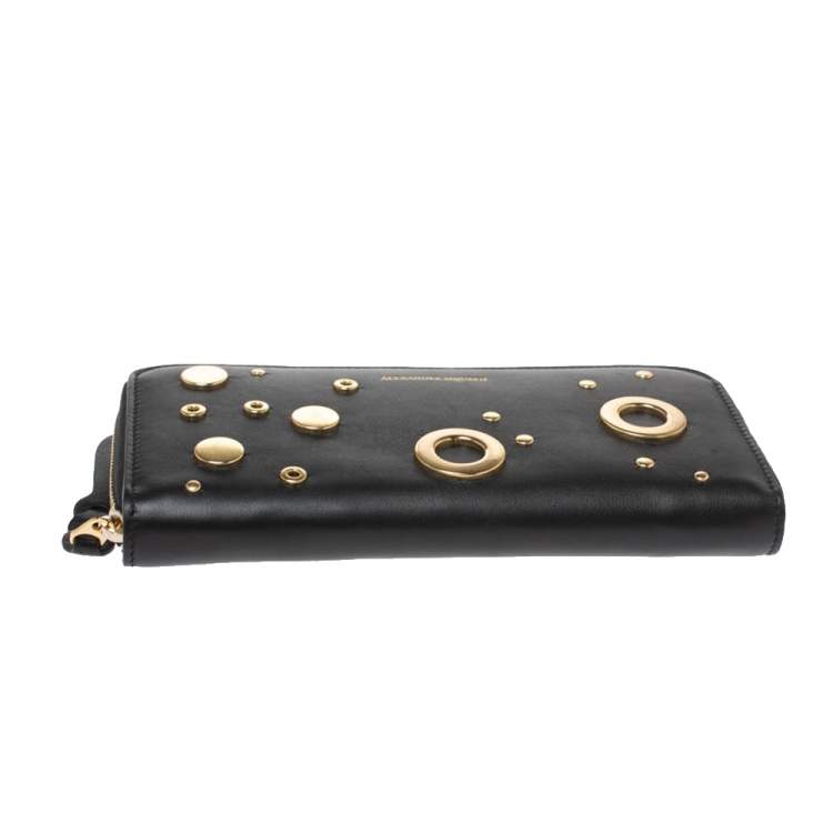 Pre Owned Alexander McQueen Black Leather Eyelet Zip Around Wallet