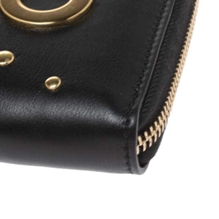 Pre Owned Alexander McQueen Black Leather Eyelet Zip Around Wallet