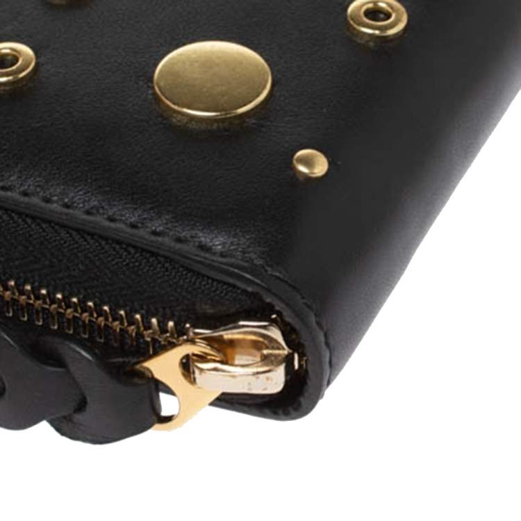 Pre Owned Alexander McQueen Black Leather Eyelet Zip Around Wallet