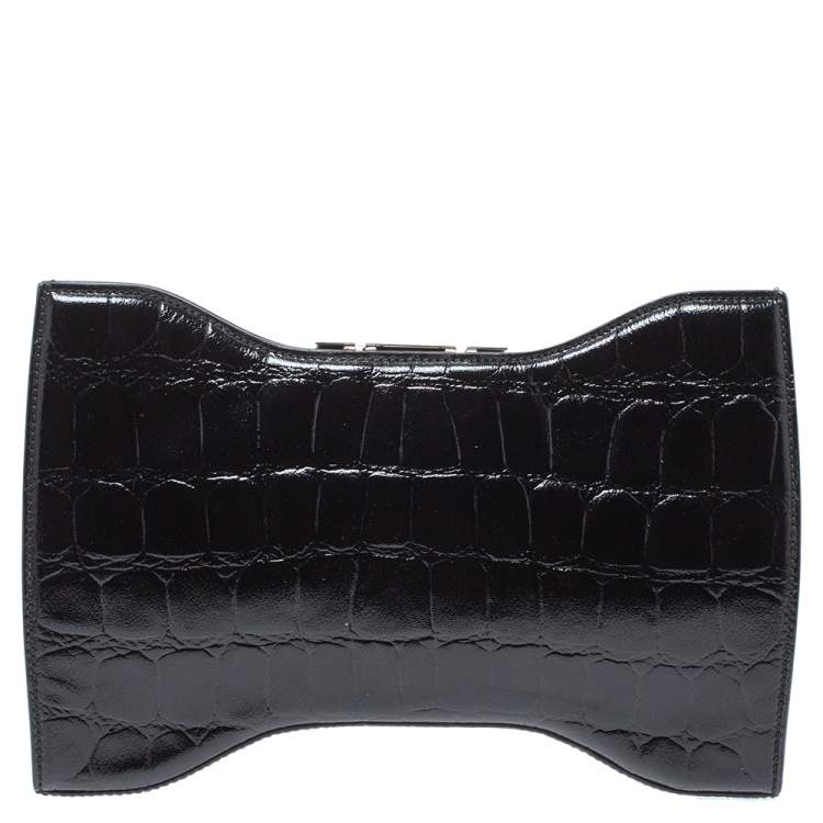 Pre Owned Alexander McQueen Black Croc Embossed Patent Leather Squeeze It Clutch 