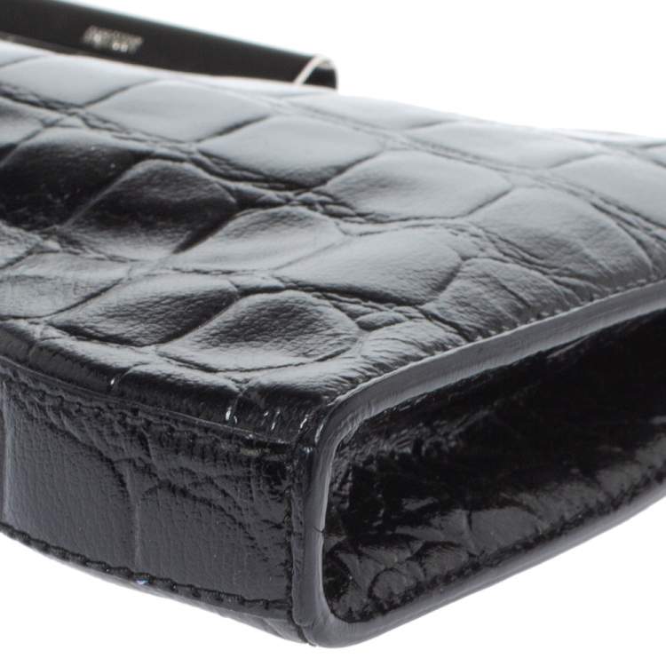 Pre Owned Alexander McQueen Black Croc Embossed Patent Leather Squeeze It Clutch 