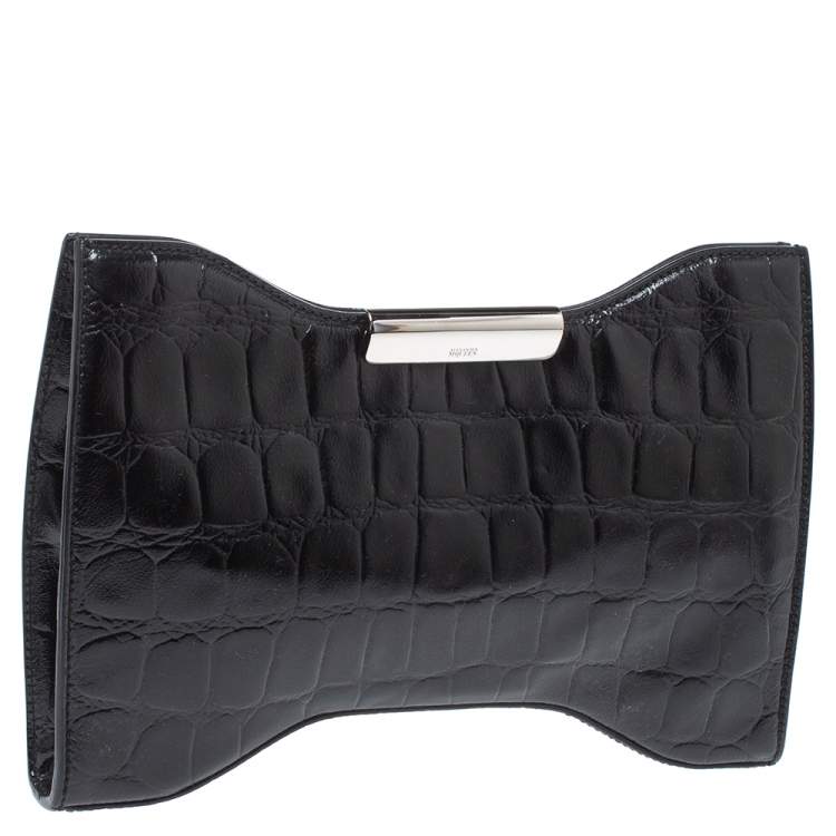 Pre Owned Alexander McQueen Black Croc Embossed Patent Leather Squeeze It Clutch 