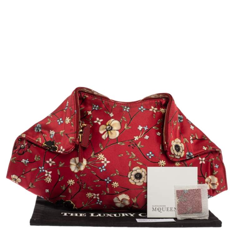 Pre Owned Alexander McQueen Multicolor Floral Print Satin and Leather Medium De Manta Clutch