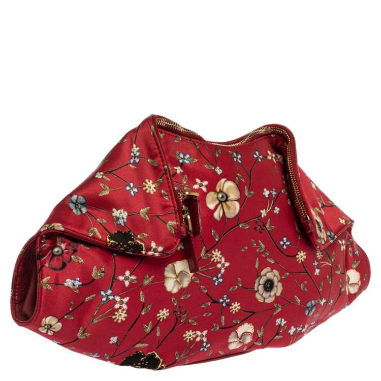 Pre Owned Alexander McQueen Multicolor Floral Print Satin and Leather Medium De Manta Clutch