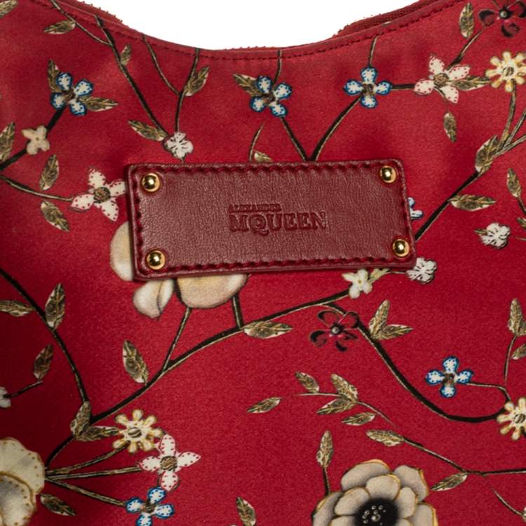Pre Owned Alexander McQueen Multicolor Floral Print Satin and Leather Medium De Manta Clutch