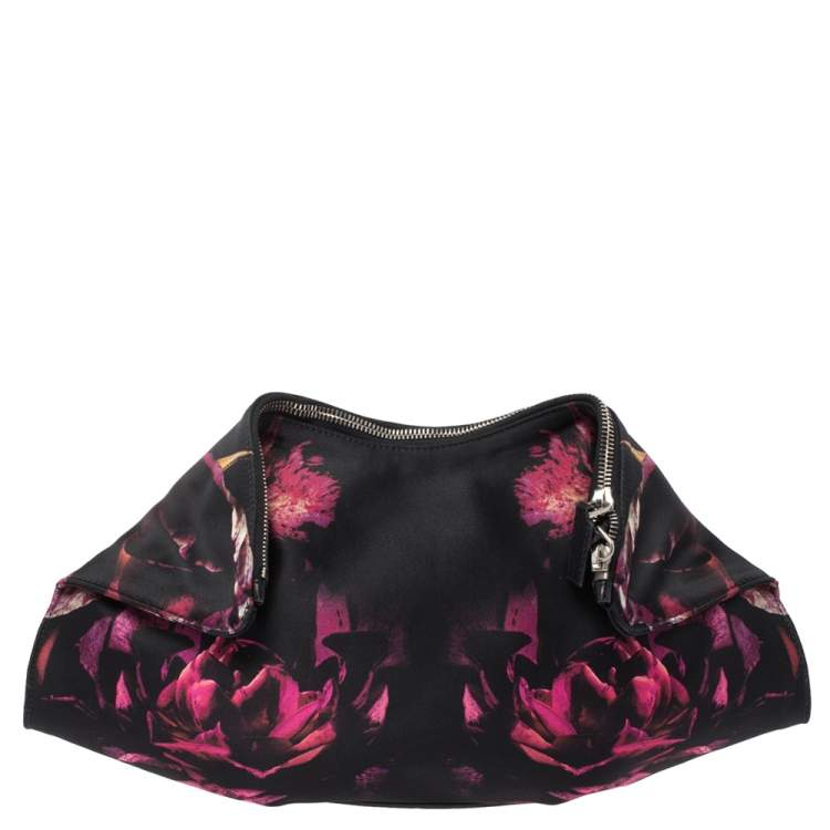 Pre Owned Alexander McQueen Black/Pink Floral Print Satin and Leather Medium De Manta Clutch