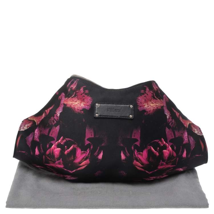Pre Owned Alexander McQueen Black/Pink Floral Print Satin and Leather Medium De Manta Clutch