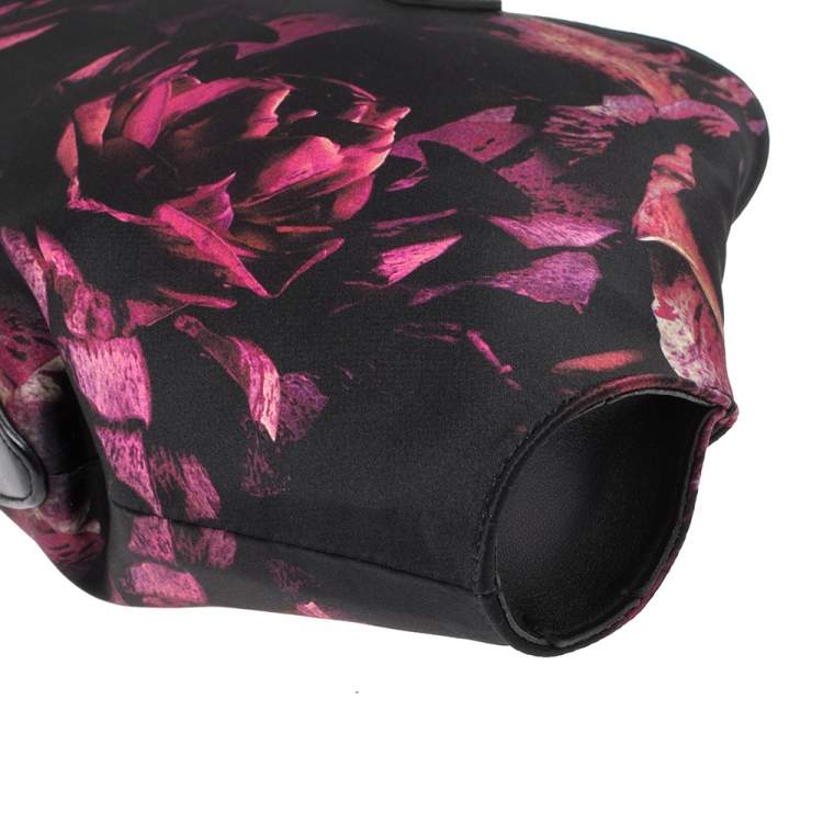 Pre Owned Alexander McQueen Black/Pink Floral Print Satin and Leather Medium De Manta Clutch