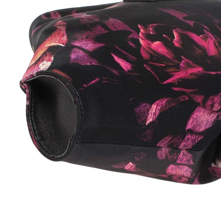 Pre Owned Alexander McQueen Black/Pink Floral Print Satin and Leather Medium De Manta Clutch