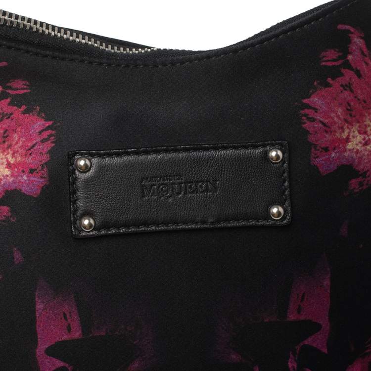 Pre Owned Alexander McQueen Black/Pink Floral Print Satin and Leather Medium De Manta Clutch