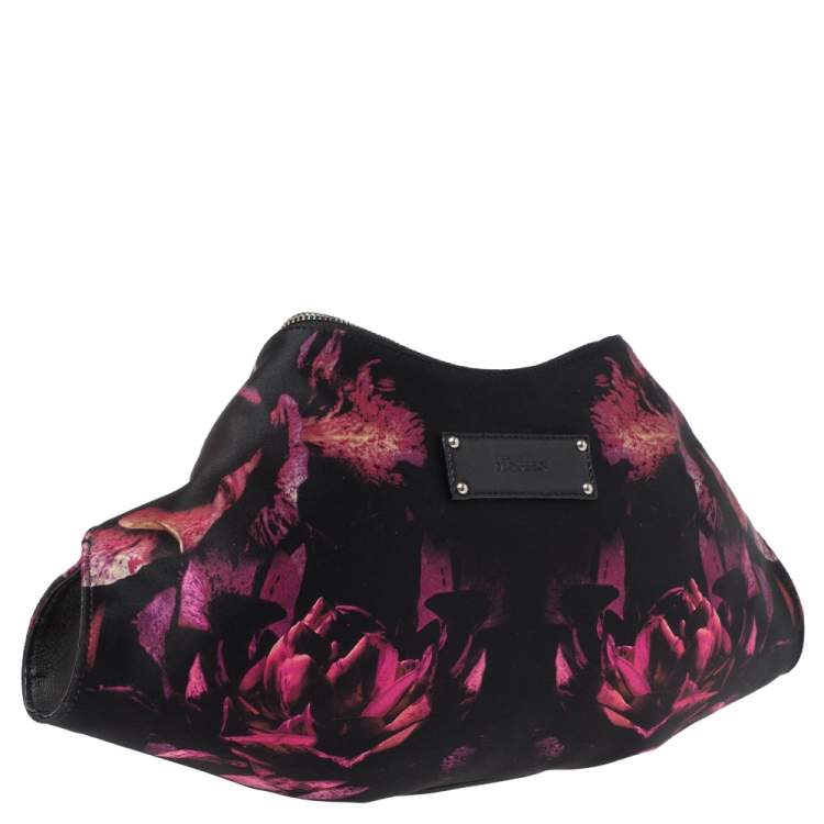 Pre Owned Alexander McQueen Black/Pink Floral Print Satin and Leather Medium De Manta Clutch
