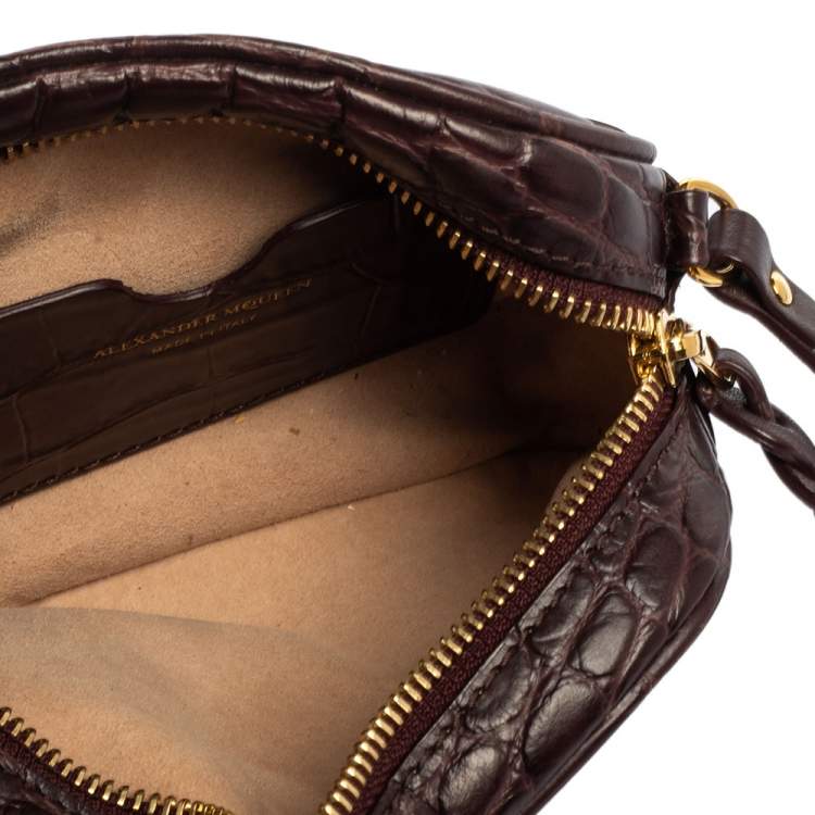 Pre Owned Alexander Mcqueen Burgundy Crocodile Embossed Leather Camera Bag 