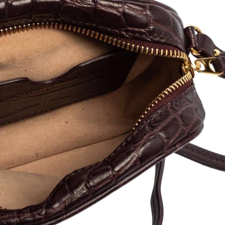 Pre Owned Alexander Mcqueen Burgundy Crocodile Embossed Leather Camera Bag 