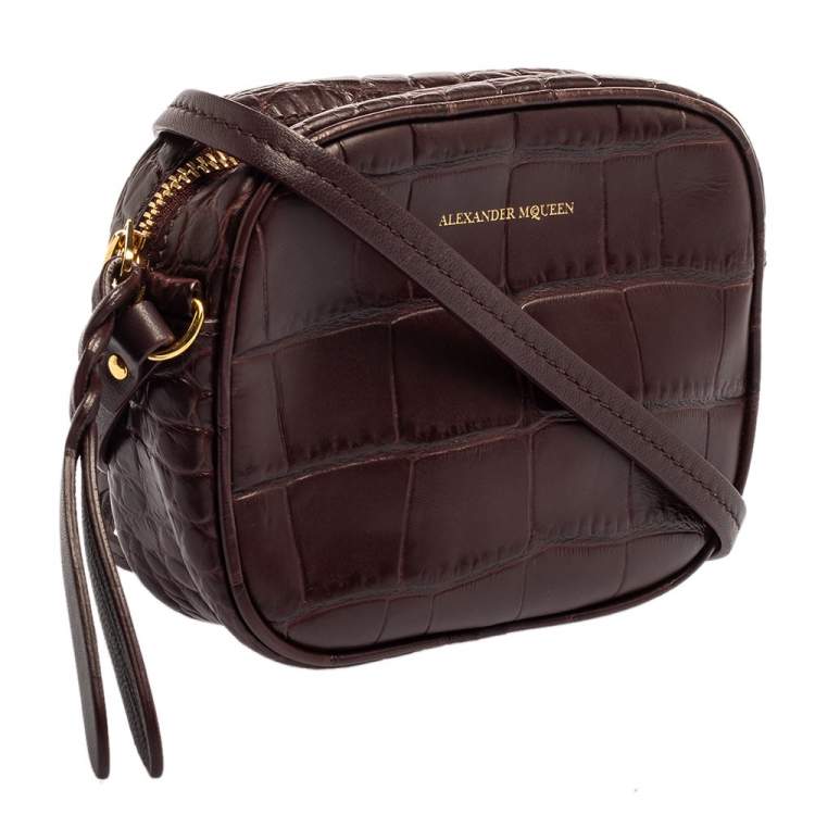 Pre Owned Alexander Mcqueen Burgundy Crocodile Embossed Leather Camera Bag 