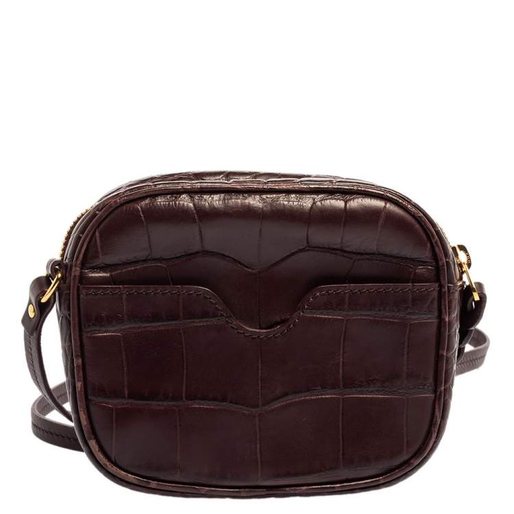 Pre Owned Alexander Mcqueen Burgundy Crocodile Embossed Leather Camera Bag 